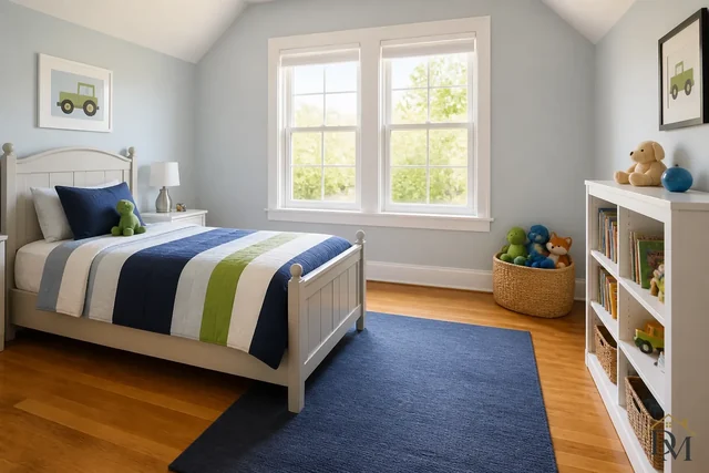 Child's bedroom with striped bedding, a blue rug and open toy shelves, dusted and vacuumed around the toys.