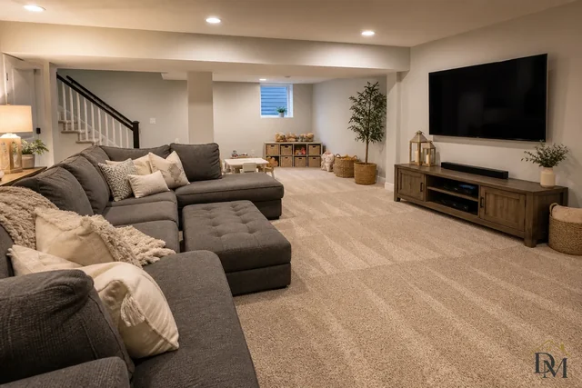 Finished basement with a sectional, wall-mounted television and carpet, included when you add it to your house-cleaning list.