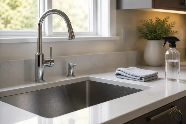 Kitchen sink with a curved faucet set in a pale countertop beneath a window, scrubbed and polished on each visit.