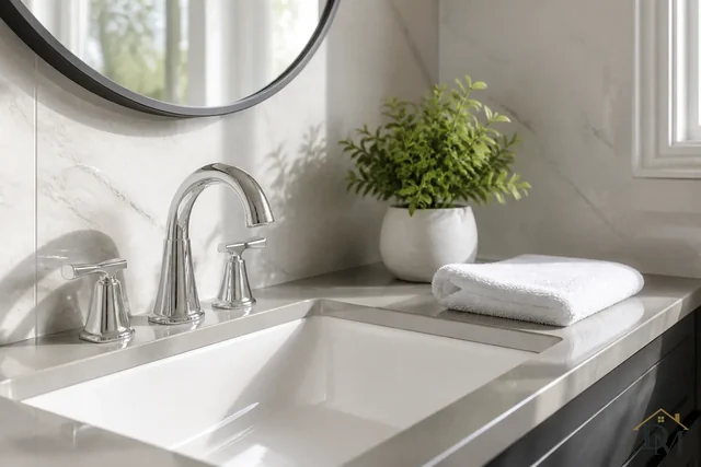 Bathroom vanity with a curved faucet, round mirror and folded towel; basin, faucet and mirror cleaned every visit.