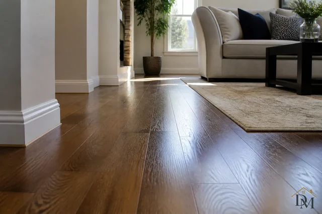 Wood-floored hallway opening into the living area, swept and mopped as part of the house-cleaning route.