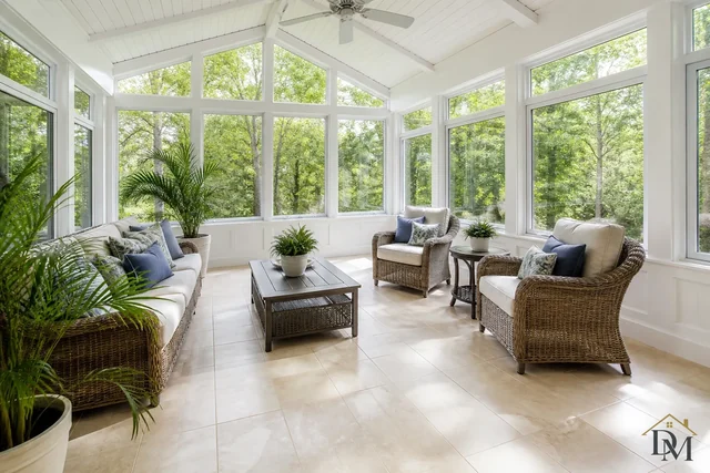 Sunroom with wicker seating, a coffee table, large windows and a ceiling fan, dusted when it is on your list.