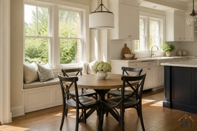 Breakfast nook with a round table, dark chairs and a cushioned window bench, wiped where the family eats every day.