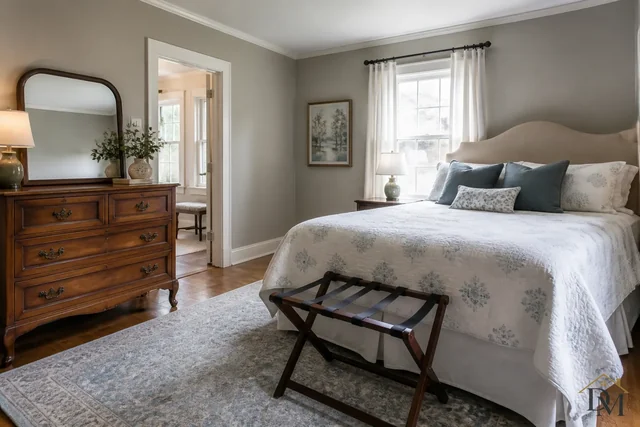 Guest bedroom with a wood dresser, mirror and folding luggage rack, dusted and vacuumed on your house-cleaning visit.
