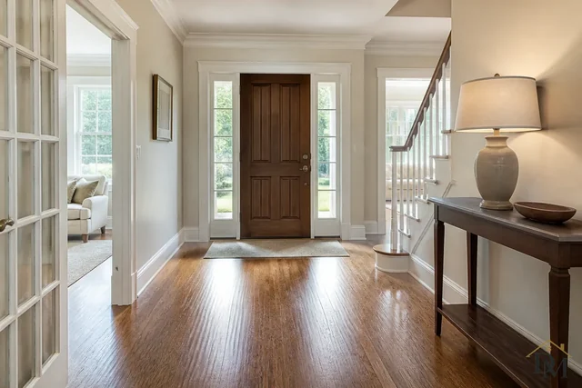 Front entry with a wood door, console table and staircase, the first thing you see when you walk in after a visit.