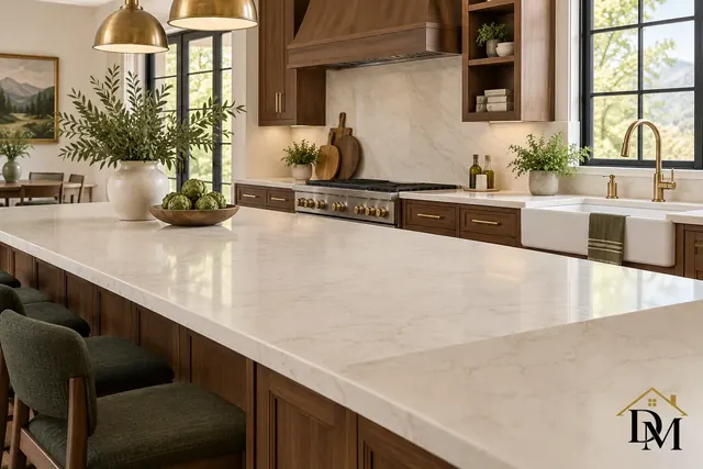 Finished kitchen with oak cabinets, pale countertops and clean floor edges.