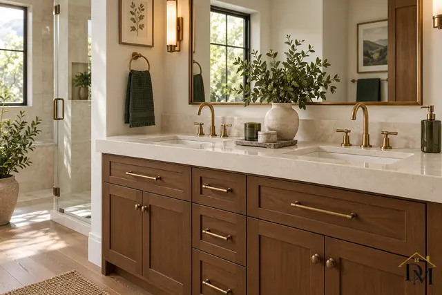 Close view of cabinet fronts and recessed door panels.