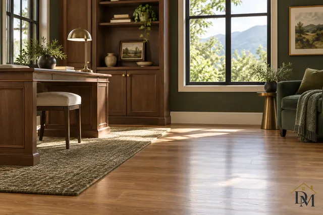 Close view of a white baseboard and its adjoining floor edge.