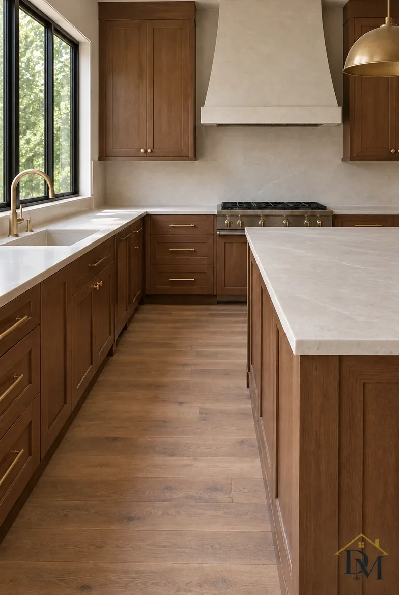 The same remodeled bathroom after the final clean: vanity clear, glass bright, mat straight.