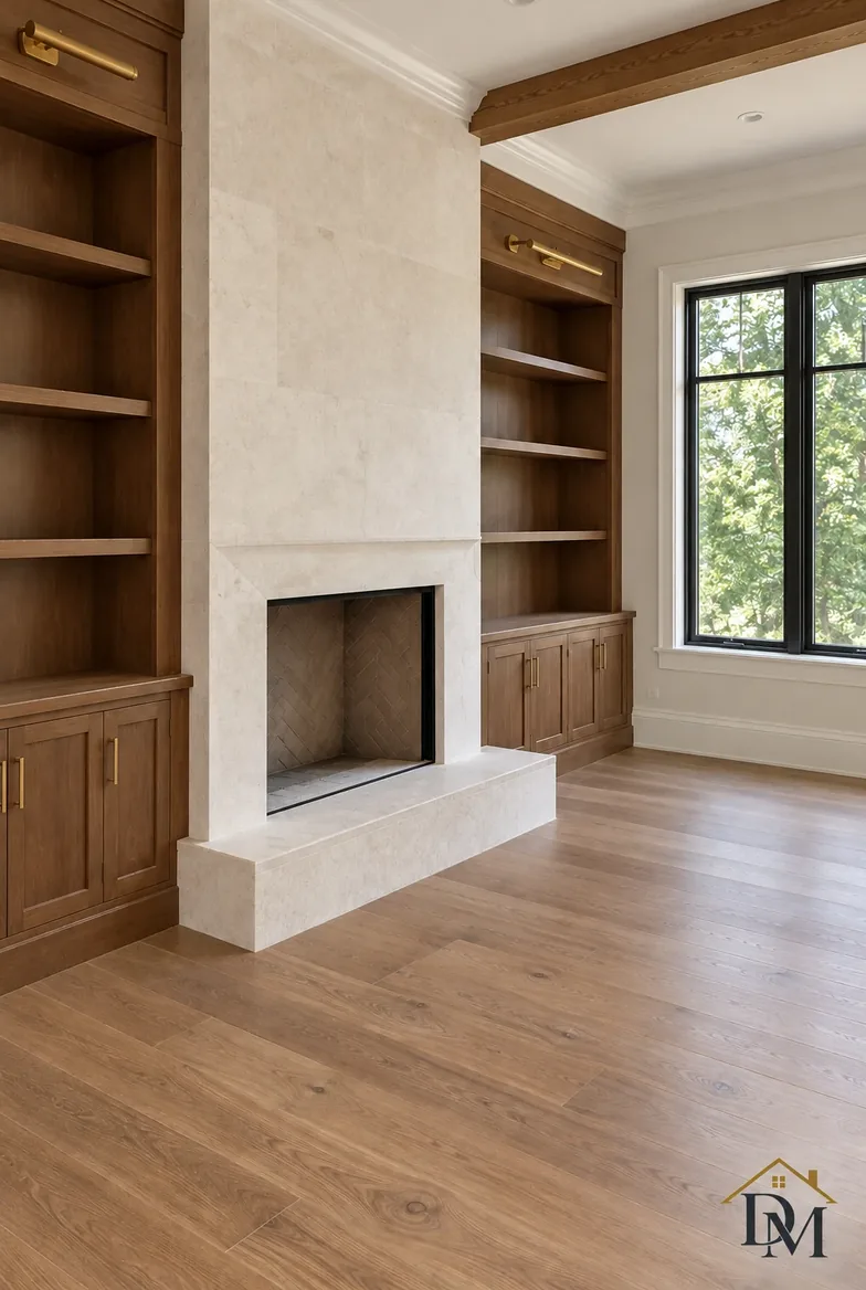 The same finished living room after the final clean: surfaces cleared and dusted.