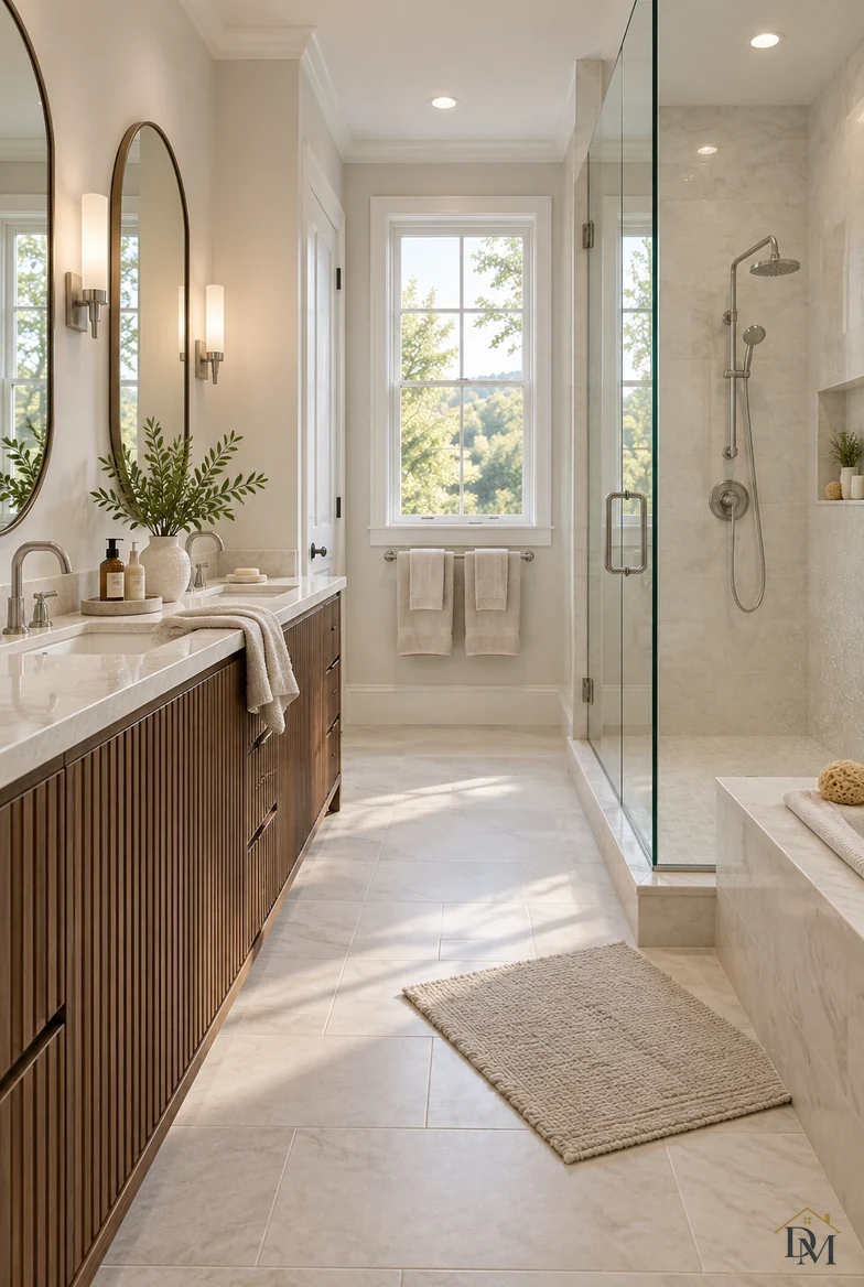 Bathroom view A: a towel left over the vanity and the bath mat askew.