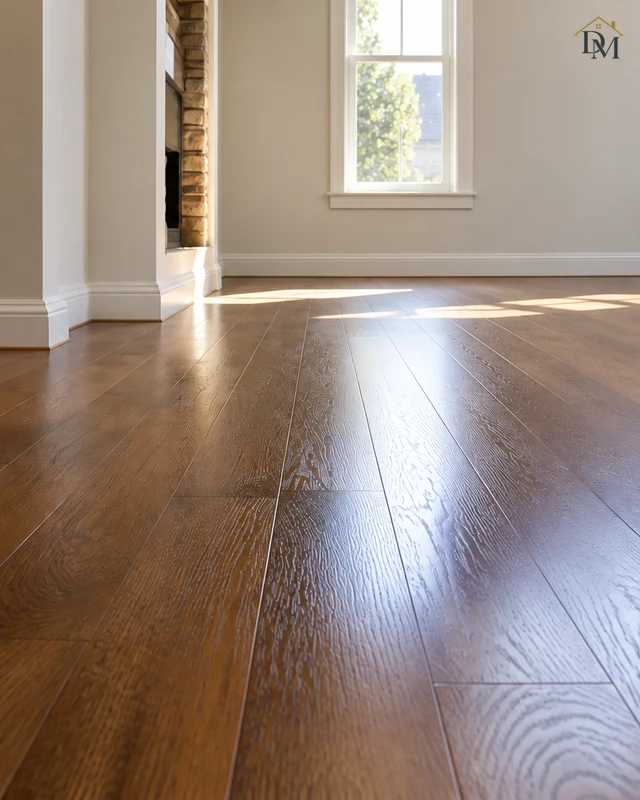 Exposed hardwood floor and baseboards