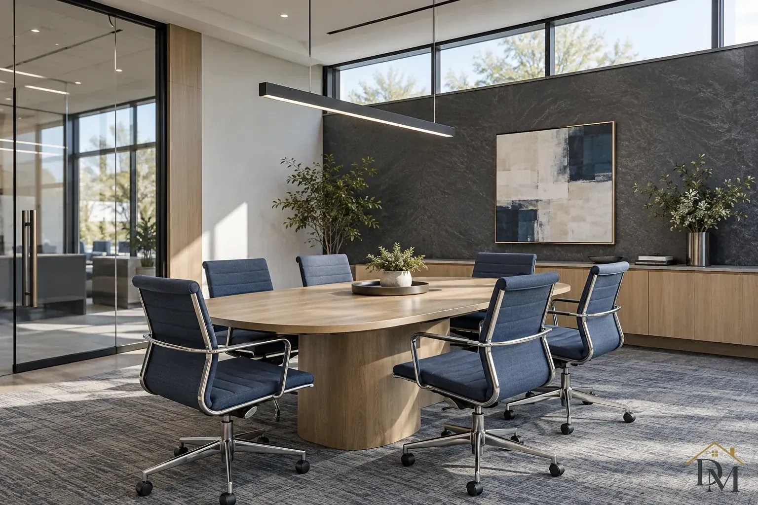 Wood conference table with blue rolling chairs, a long dark pendant and abstract artwork beside glass walls and high windows.