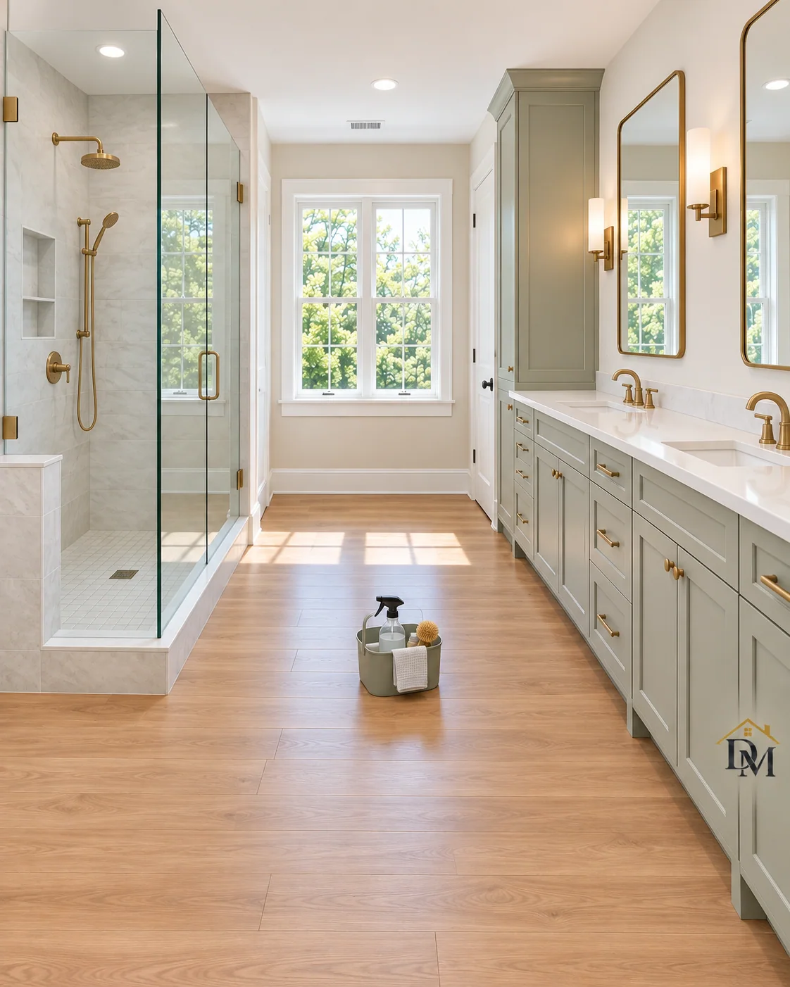 Before move-in: supply caddy on the floor between shower and vanity.