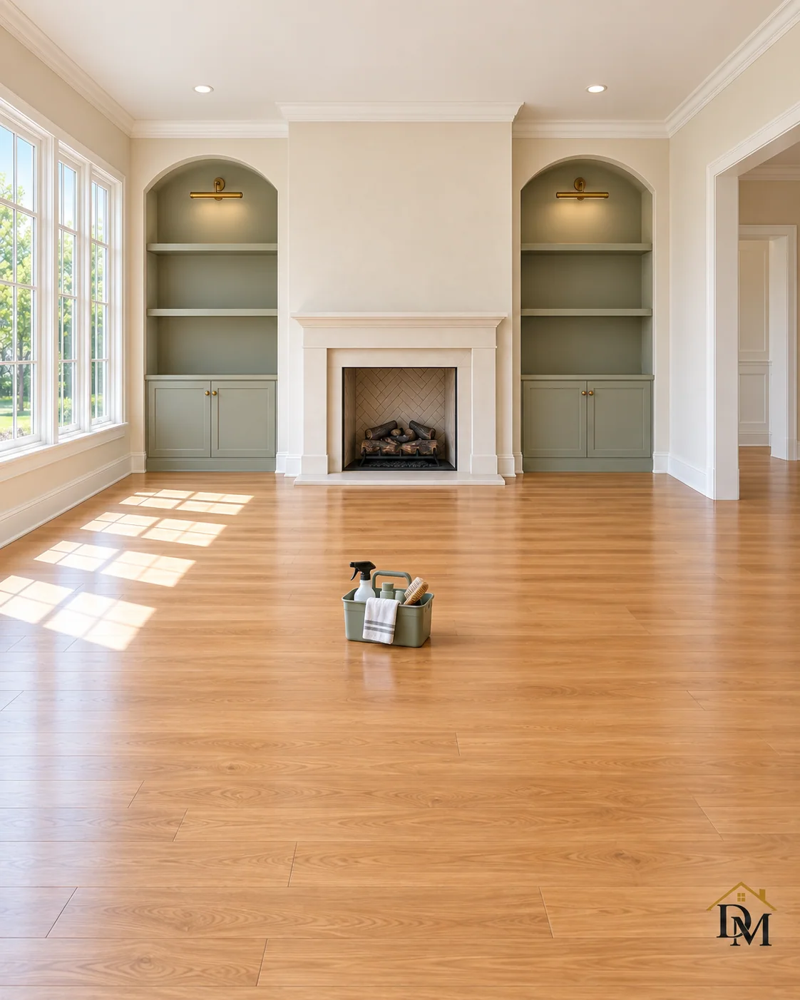 Before move-in: our supply caddy on the bare floor by the arched built-ins.