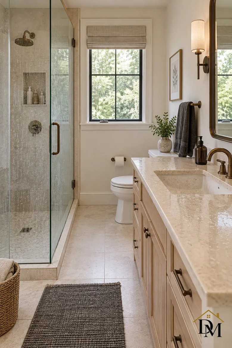 At checkout: a towel slung over the oak vanity edge.