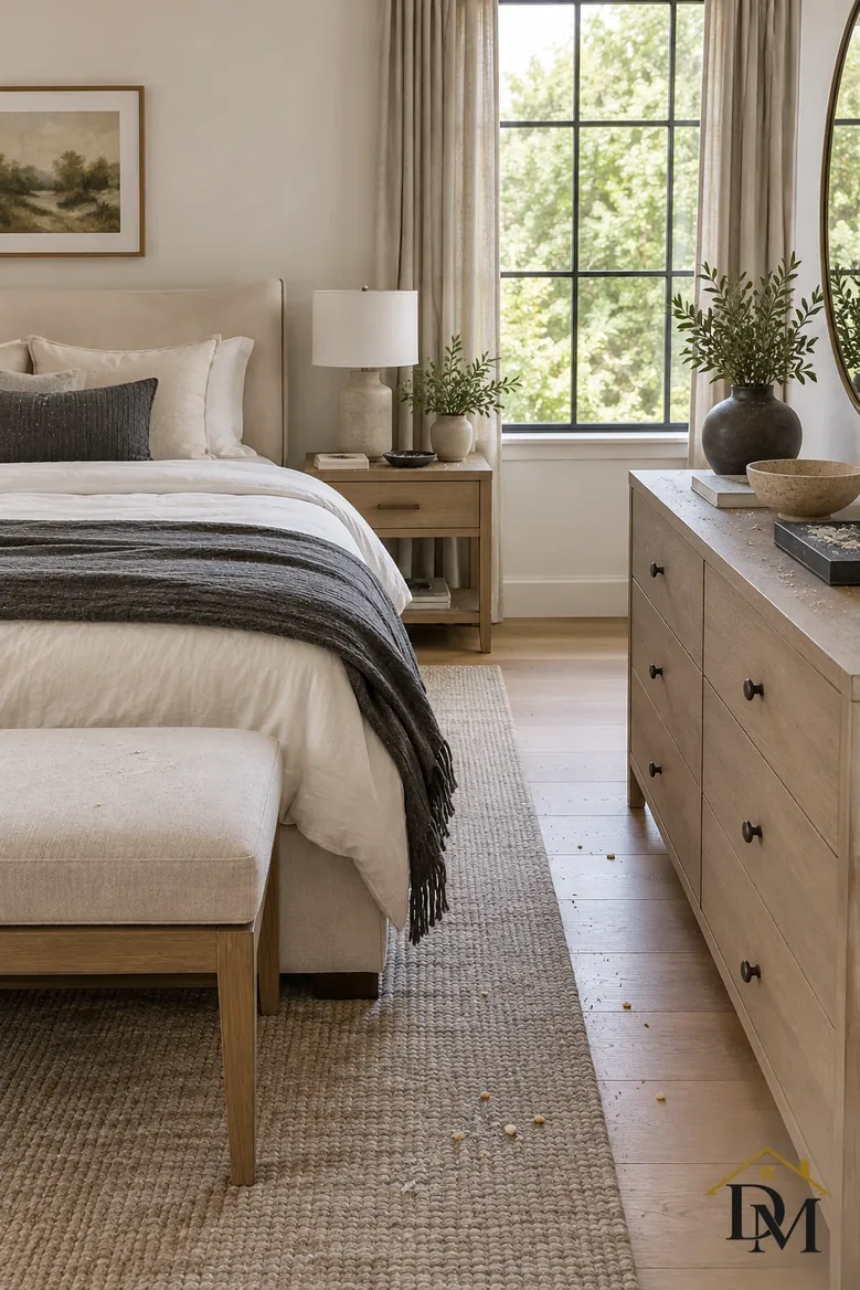 At checkout: a mug, books and a throw left on the travertine table and sofa.