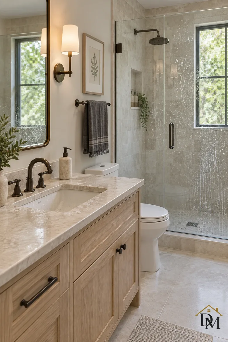 A draped towel hides the oak vanity edge that needs scrubbing.