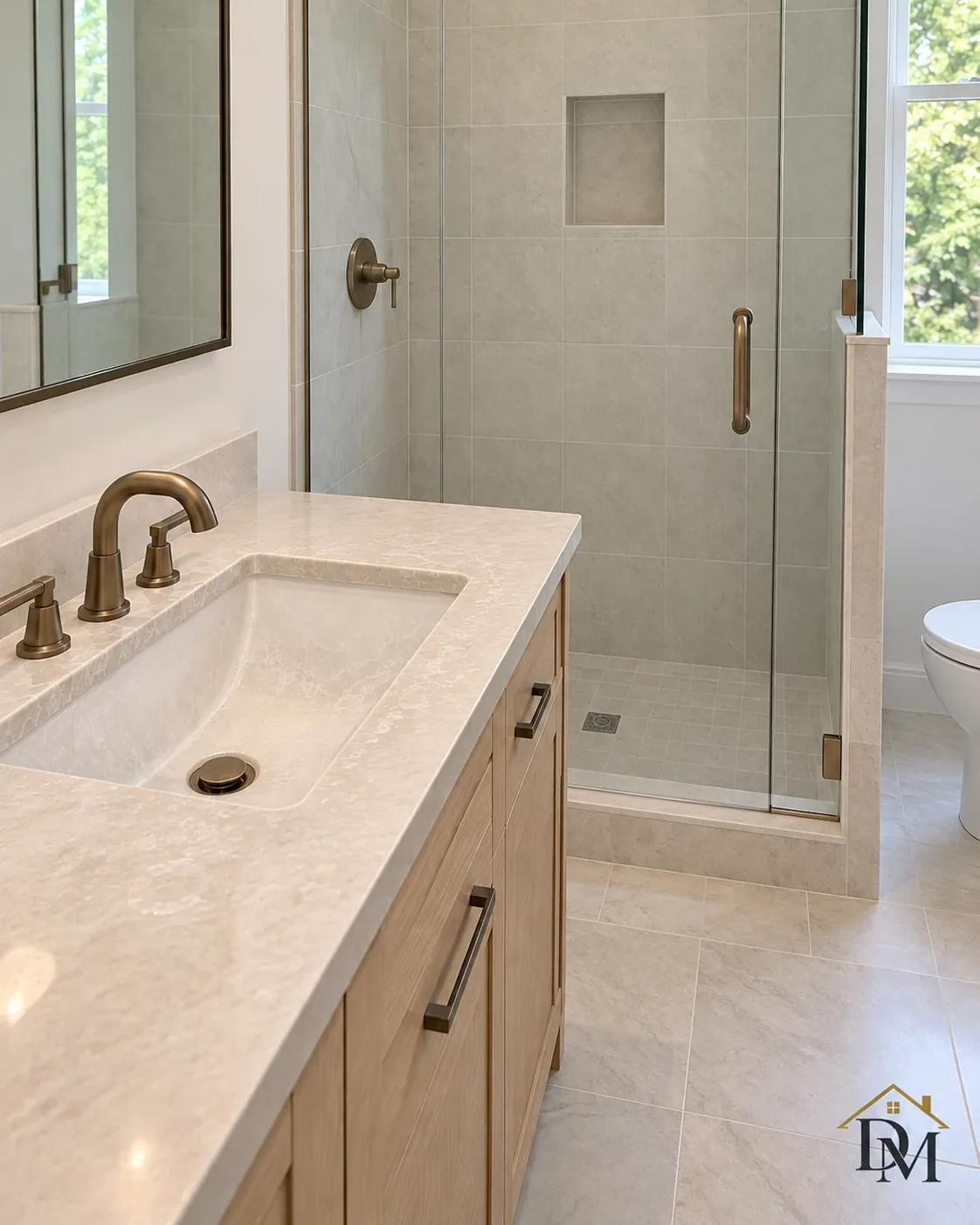 Towels can go up: the tile between vanity and shower is empty.