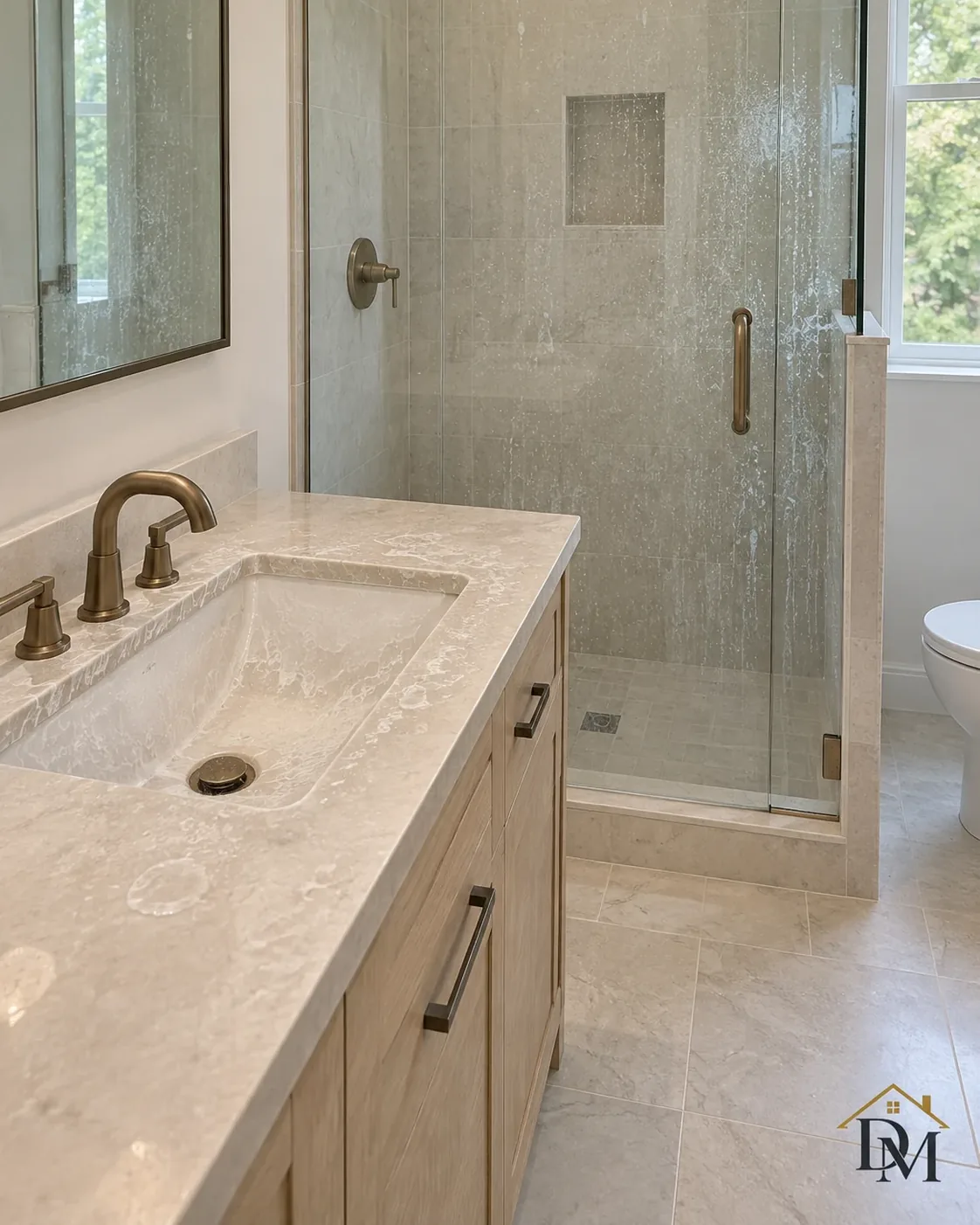 Before move-in: the caddy waits on the tile beside the corner shower.