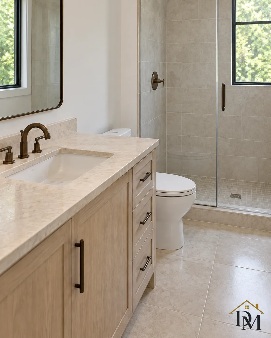 At key return: nothing sits on the tile beside the gray-blue vanity.