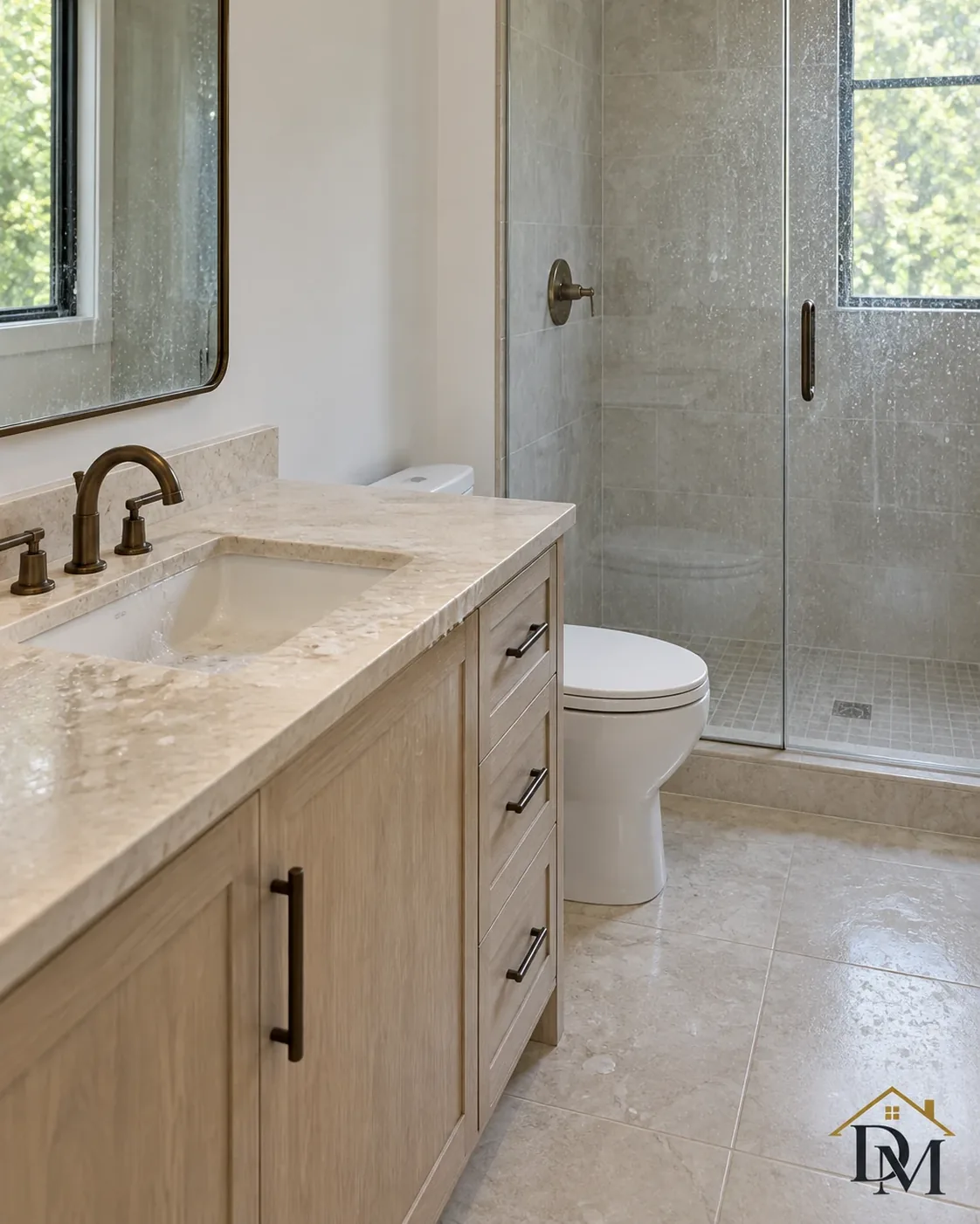 During the clean: supplies on the tile near the gray-blue vanity.