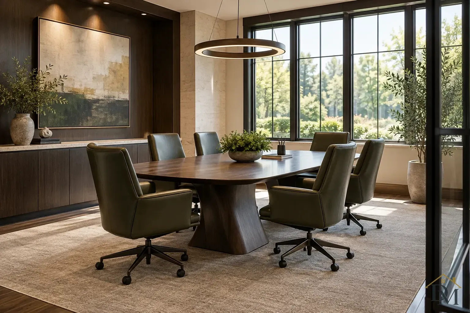 Dark wood conference table with green rolling chairs beneath a ring pendant, beside tall windows and abstract artwork.