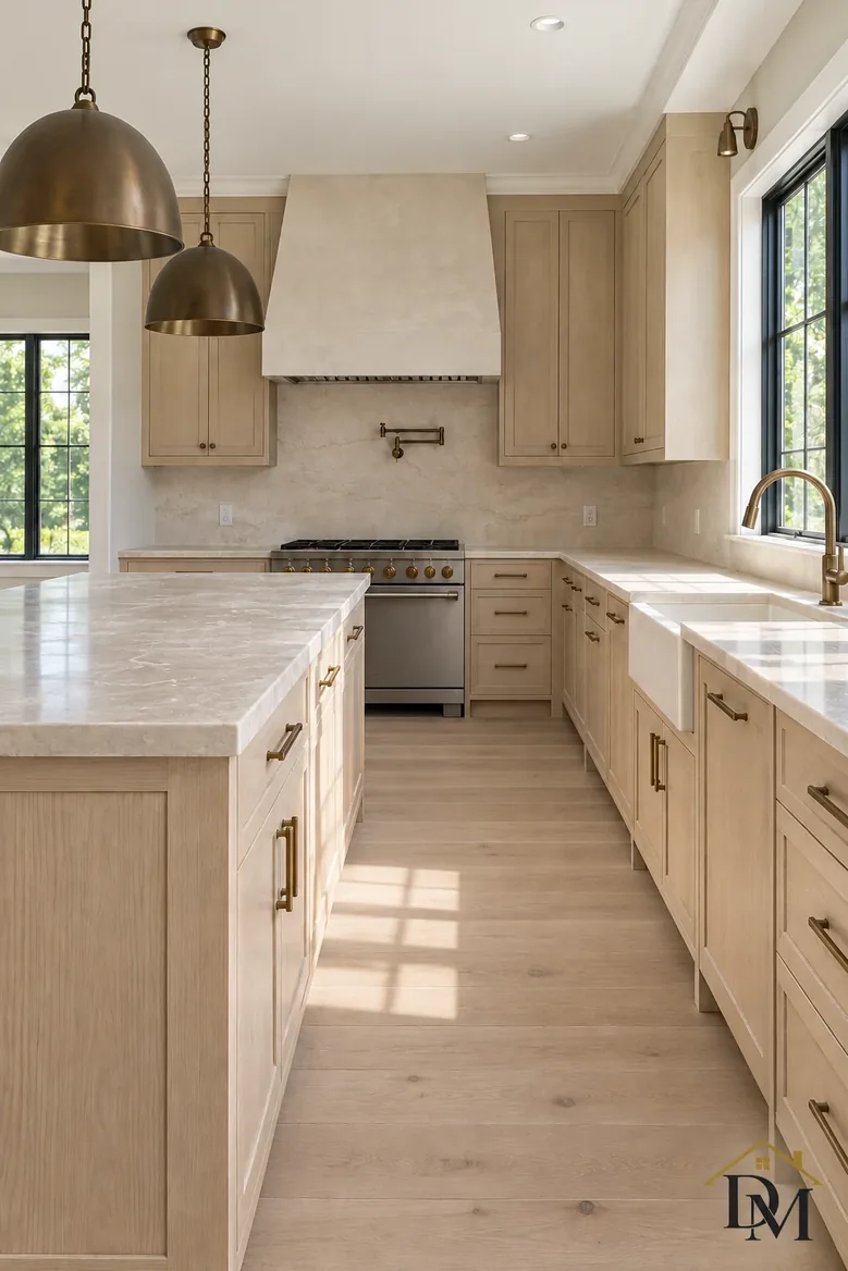 Second view: tan towel tucked on the counter so the oak front can be dusted.