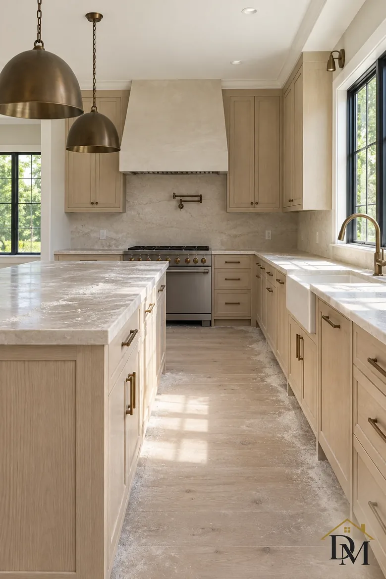 First view: a towel hangs over the new oak vanity.