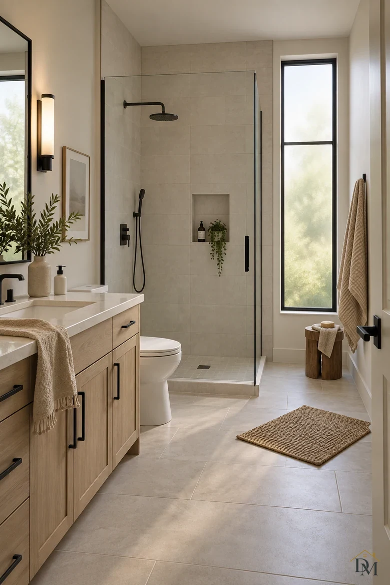 View one: a tan towel is draped over the edge of the light oak vanity.