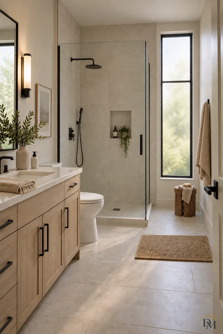 View two: the tan towel sits folded on the counter beside the sink.