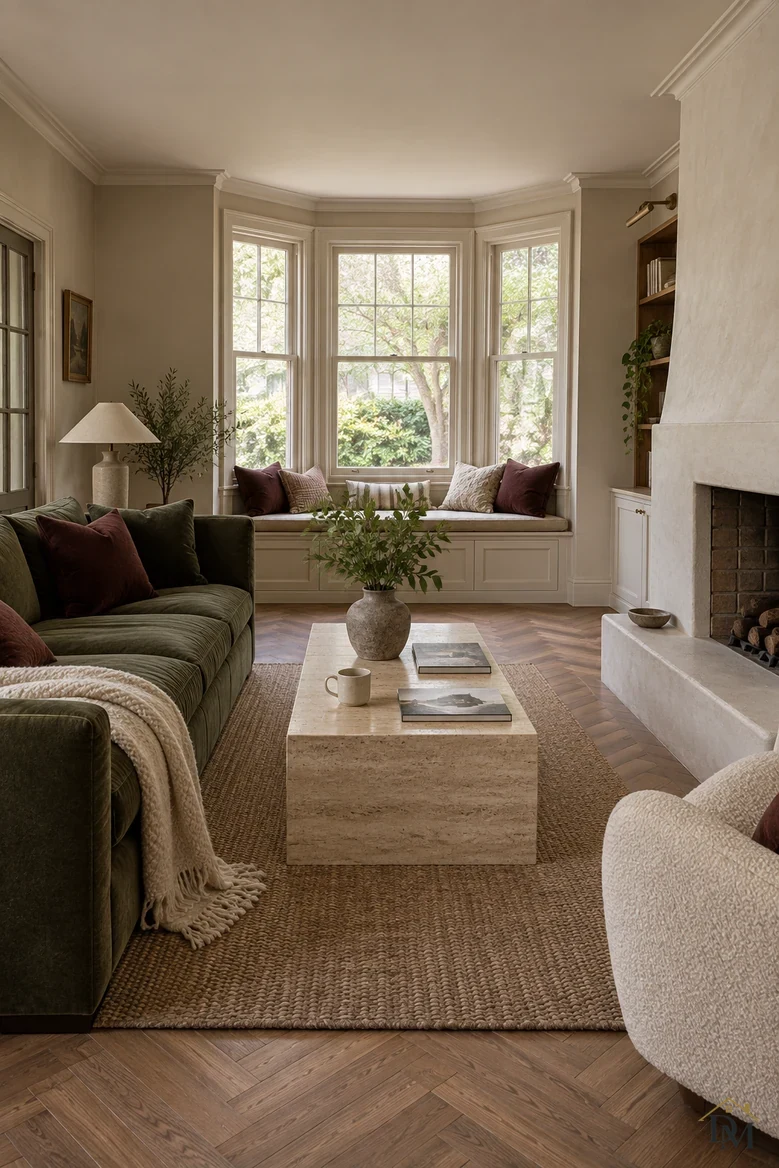 View one: a mug and books sit on the travertine table and a knit throw hangs over the green sofa.