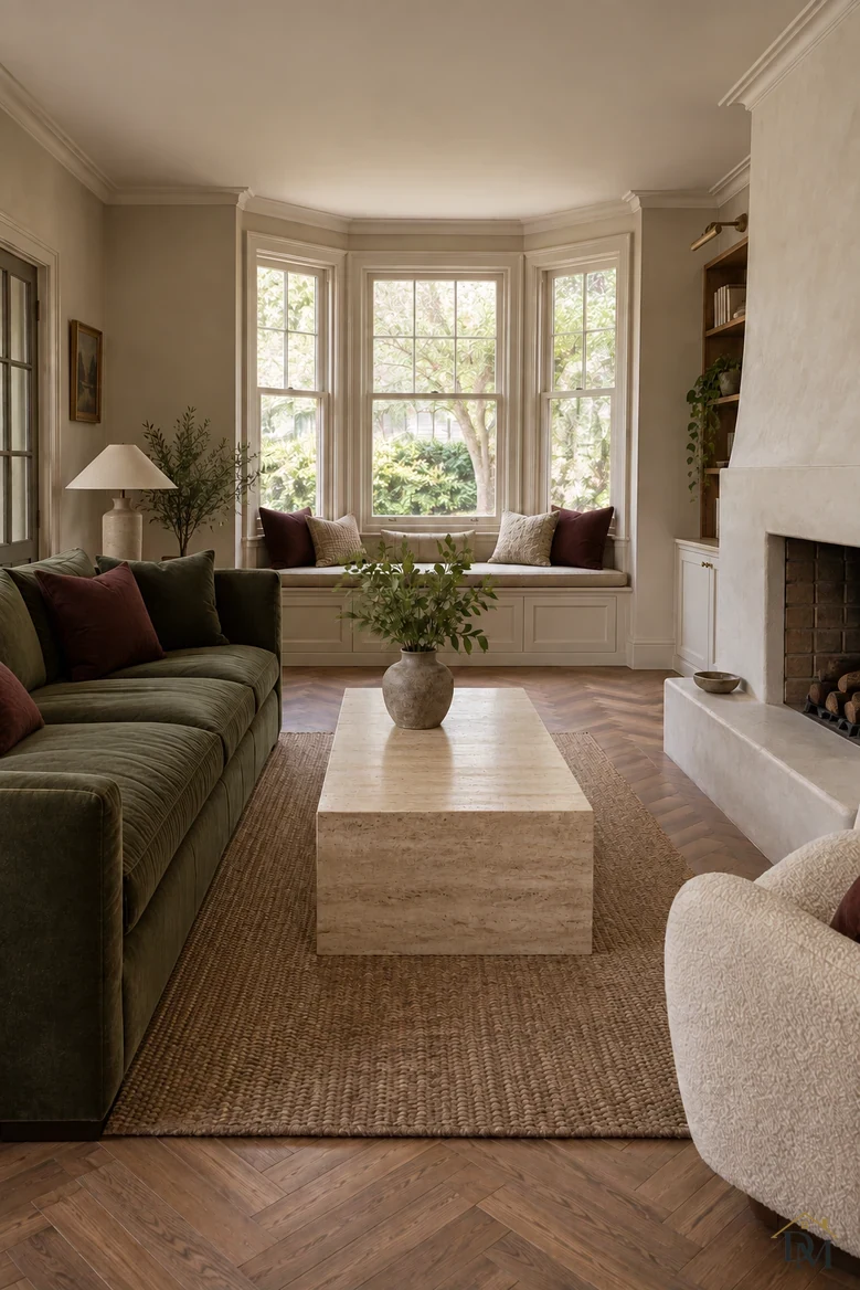 View two: the travertine table holds only a vase of greenery and the throw is gone.