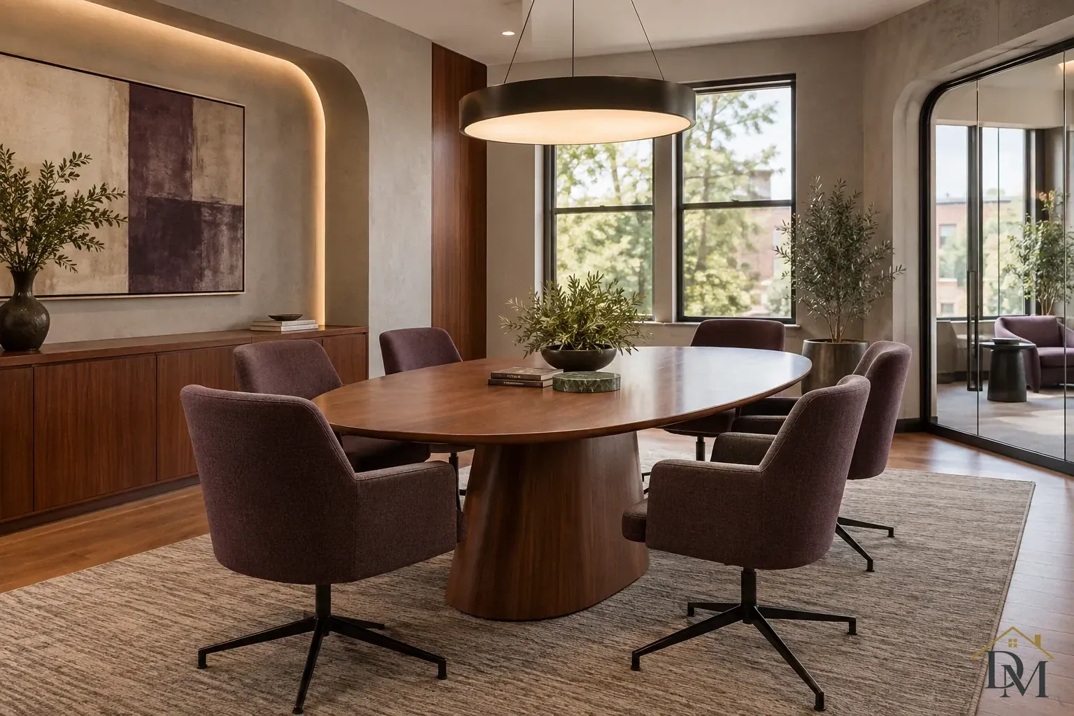 Oval wood conference table with plum upholstered swivel chairs beneath a broad circular pendant, beside windows and an arched glass partition.