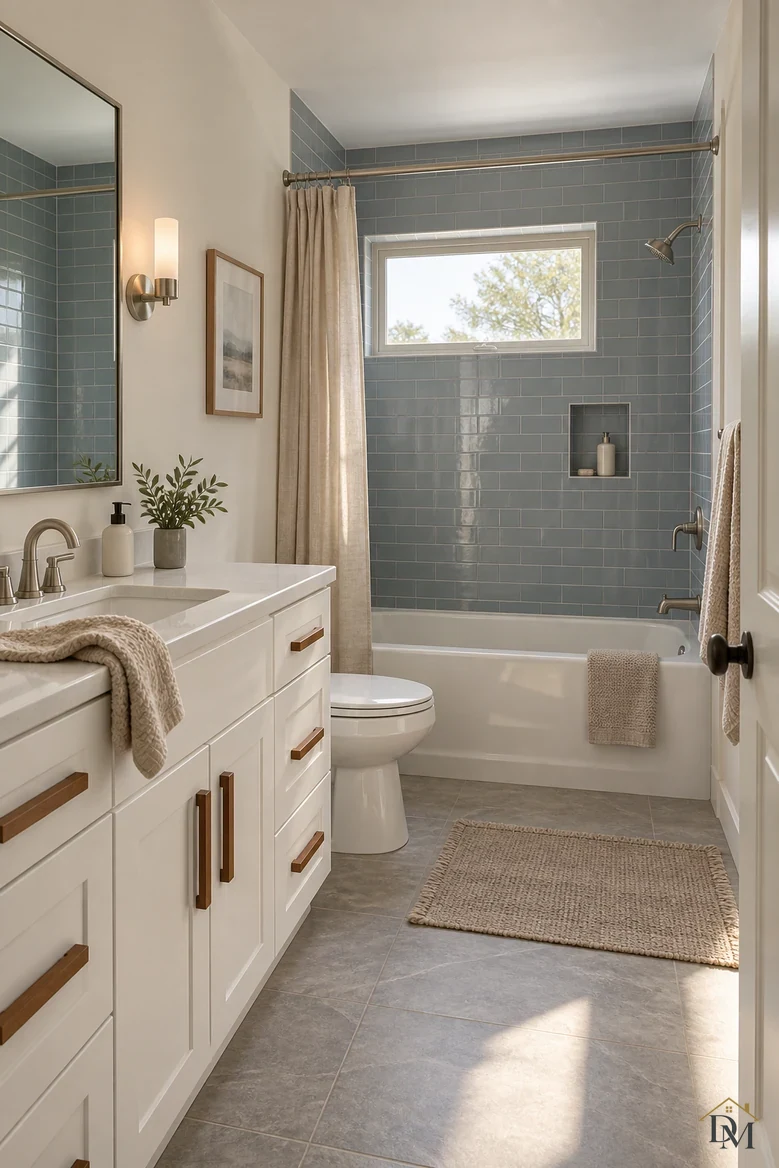 First view: a knit towel hanging over the white vanity edge and the bath mat set at an angle.