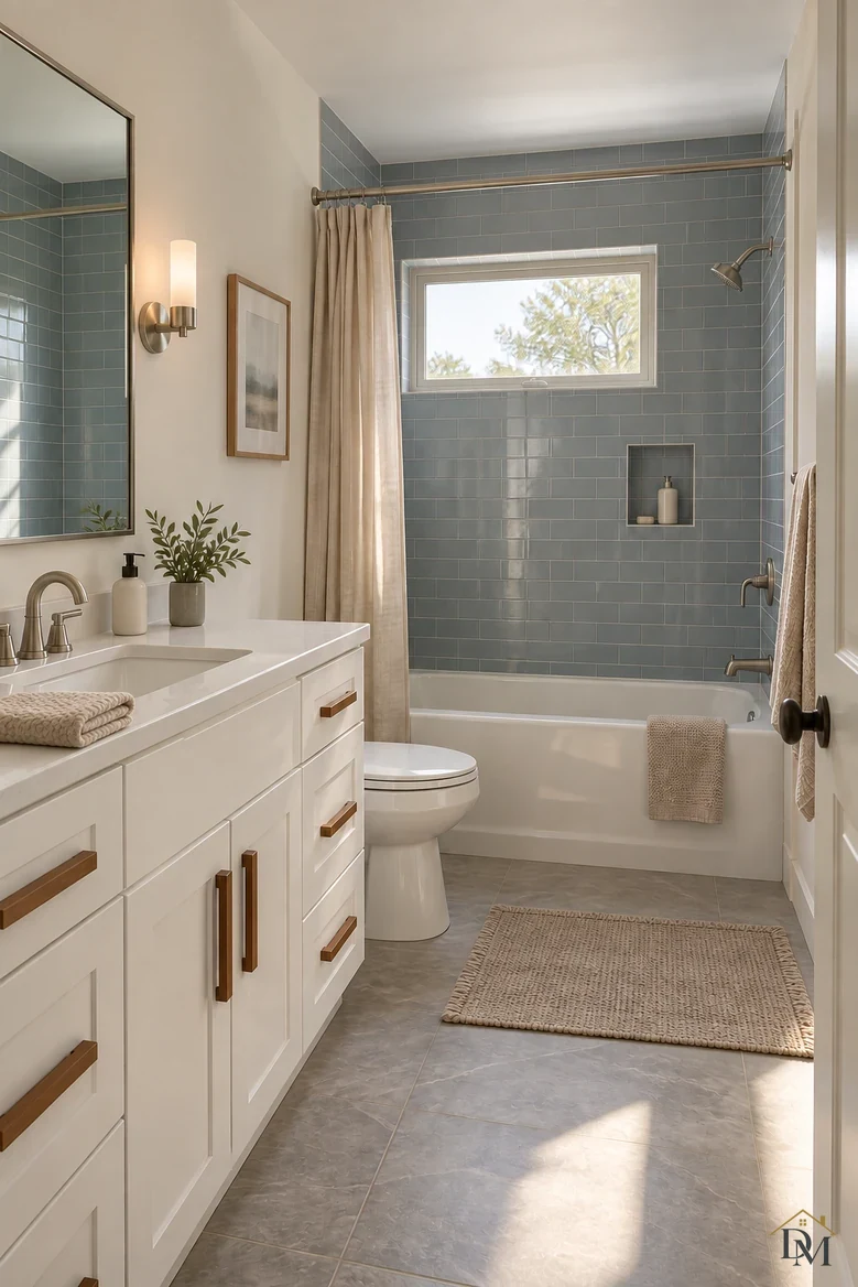 Second view: the towel folded on the counter and the mat squared in front of the tub.