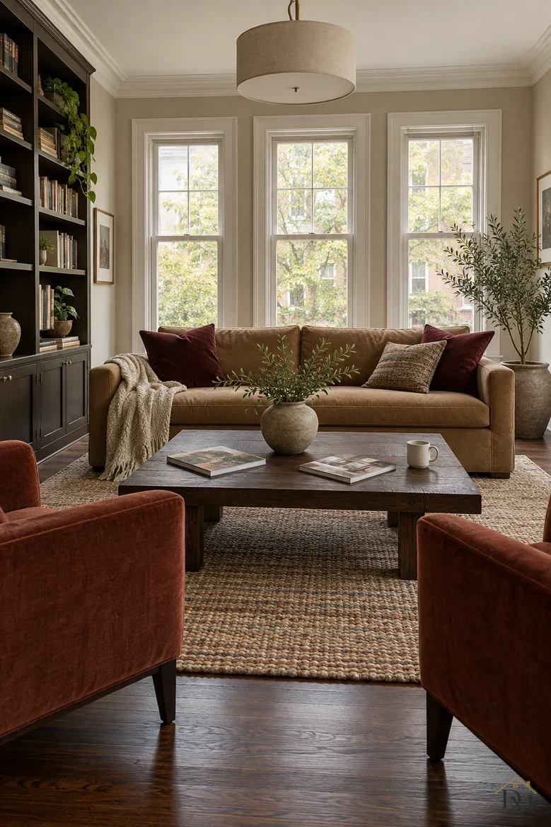 First view: a knit throw over the tan sofa arm, with magazines and a mug on the plank coffee table.
