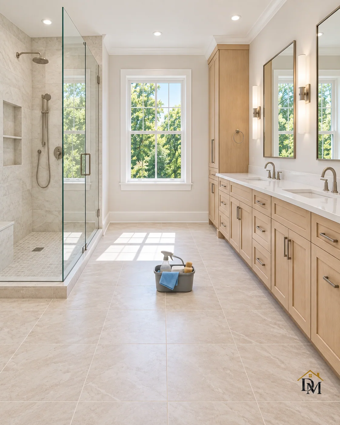 The caddy sits on the tile between the glass shower and the oak vanity.