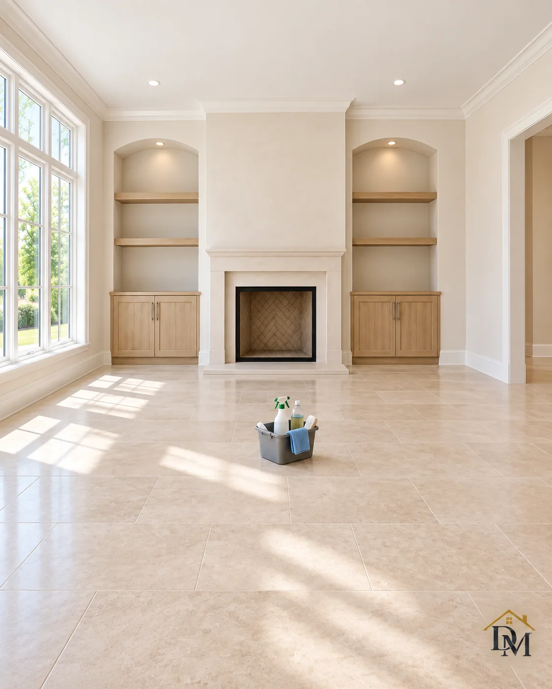 A gray caddy with spray bottles and a blue cloth sits on the stone floor during the clean.