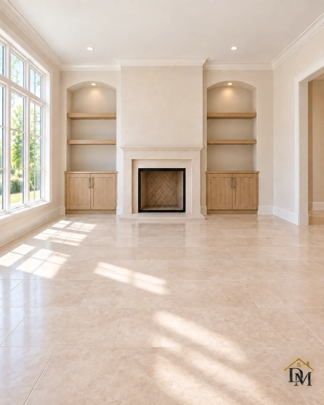 Caddy gone, stone floor clear in front of the plaster fireplace.