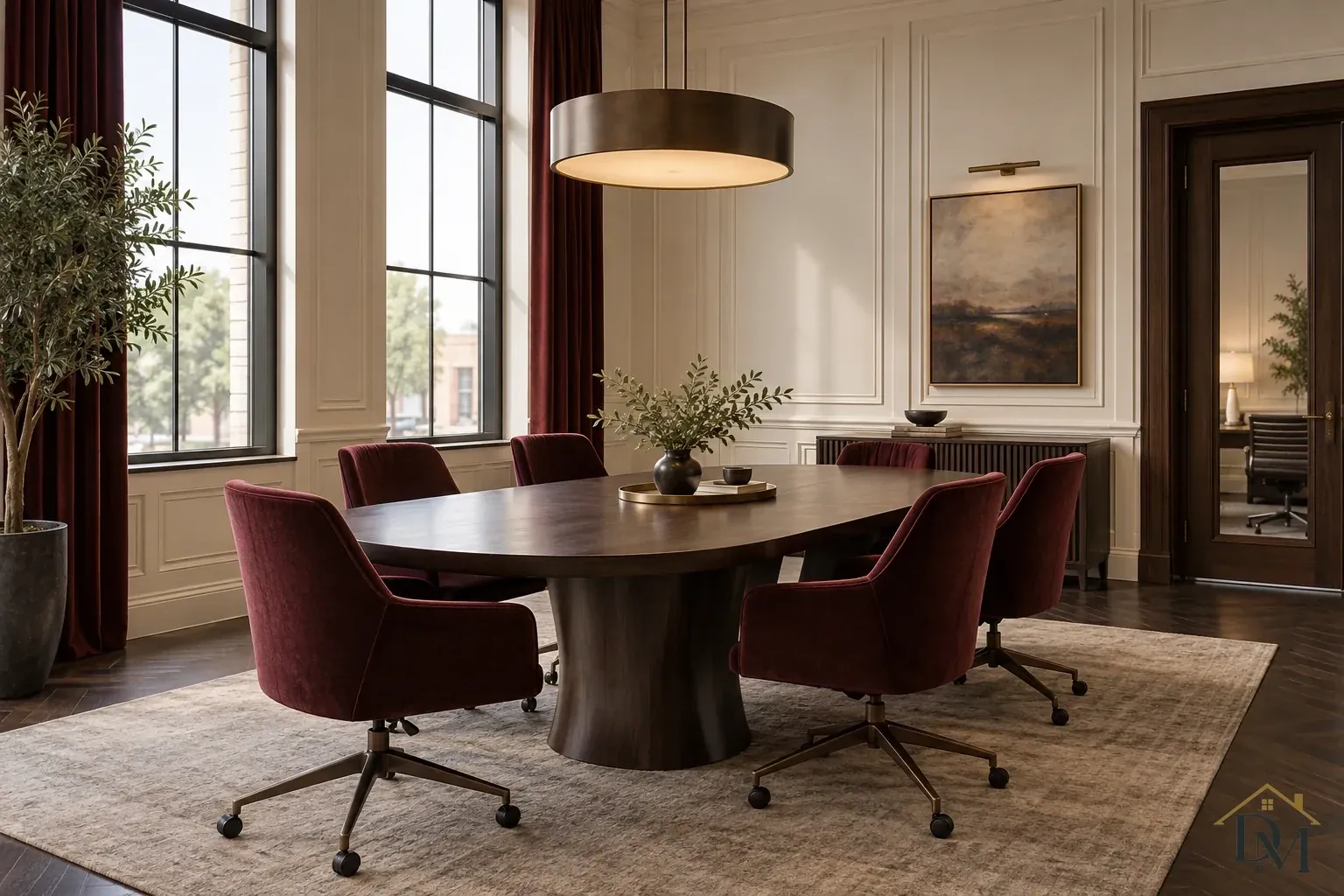 Dark oval conference table with burgundy rolling chairs beneath a round pendant, beside tall windows, cream wall panels and a framed landscape.
