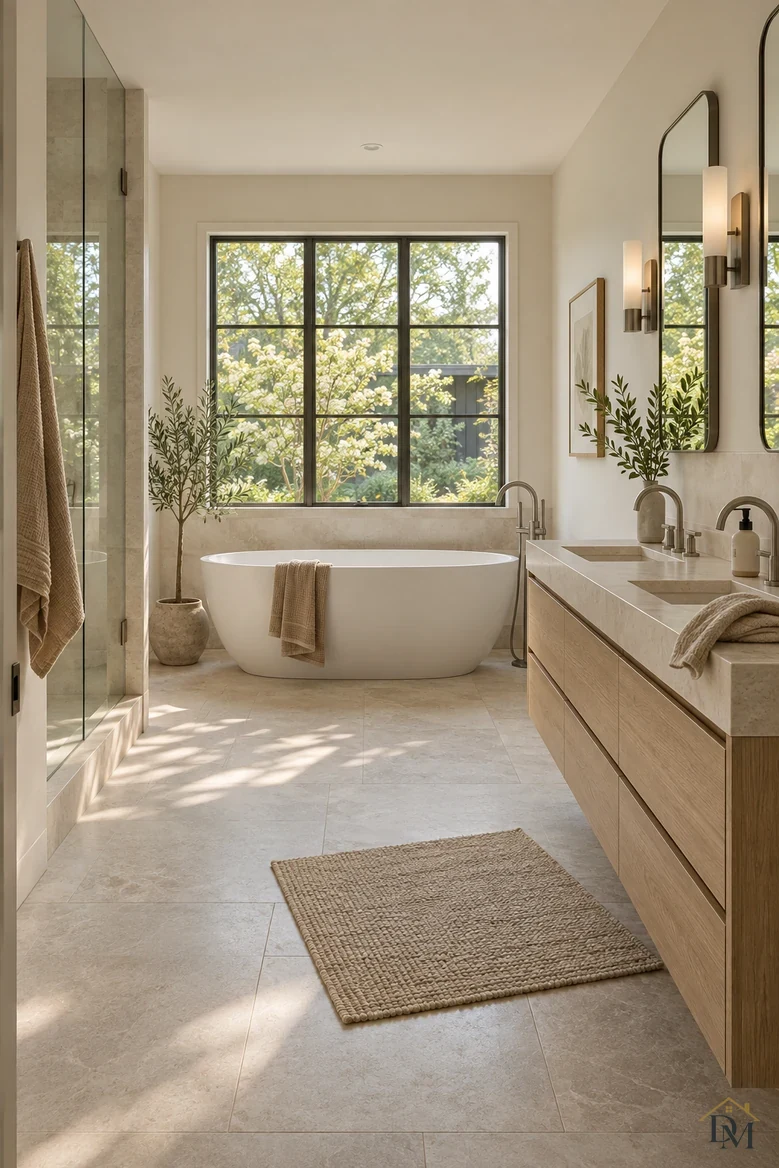 View A: a hand towel bunched on the edge of the oak vanity.