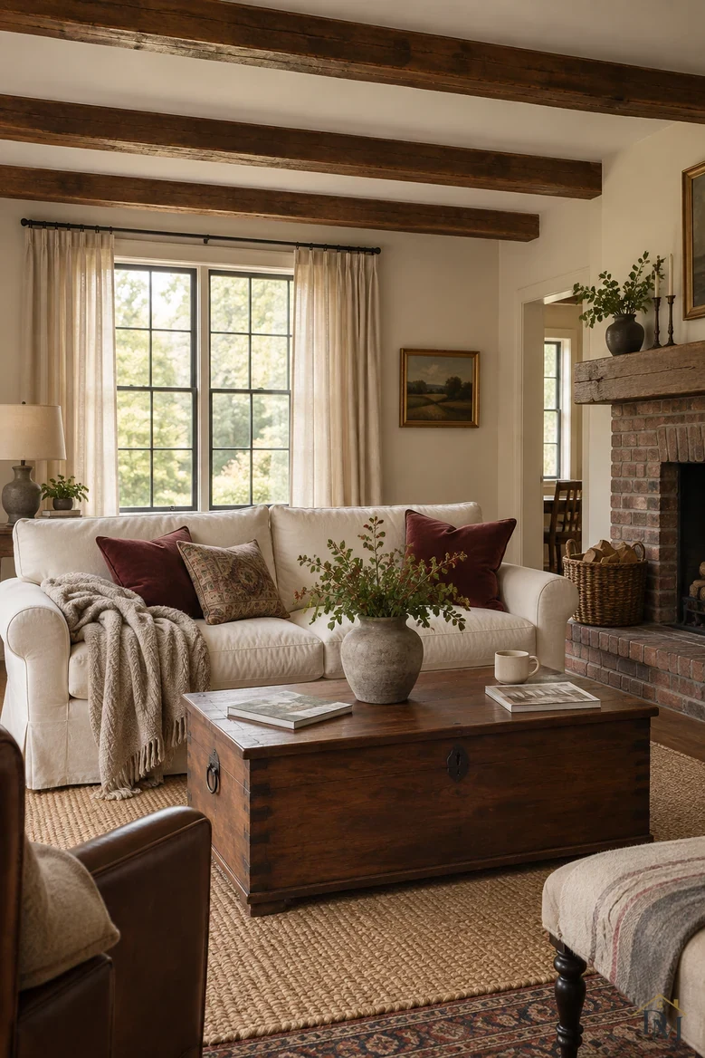 View A: a knit throw over the sofa arm, a mug and two books on the wooden trunk.