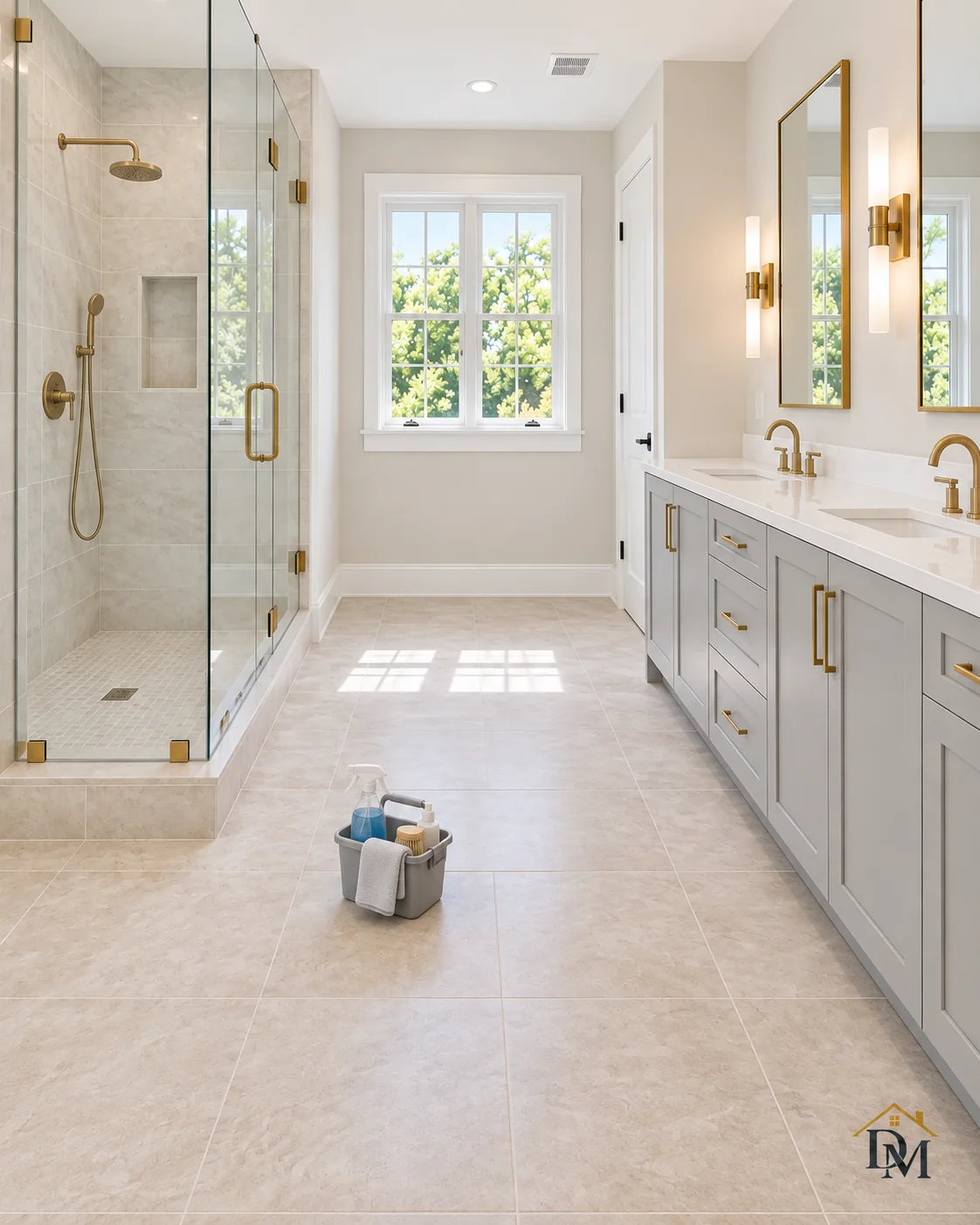 Before move-in: a caddy on the pale tile beside the glass shower.