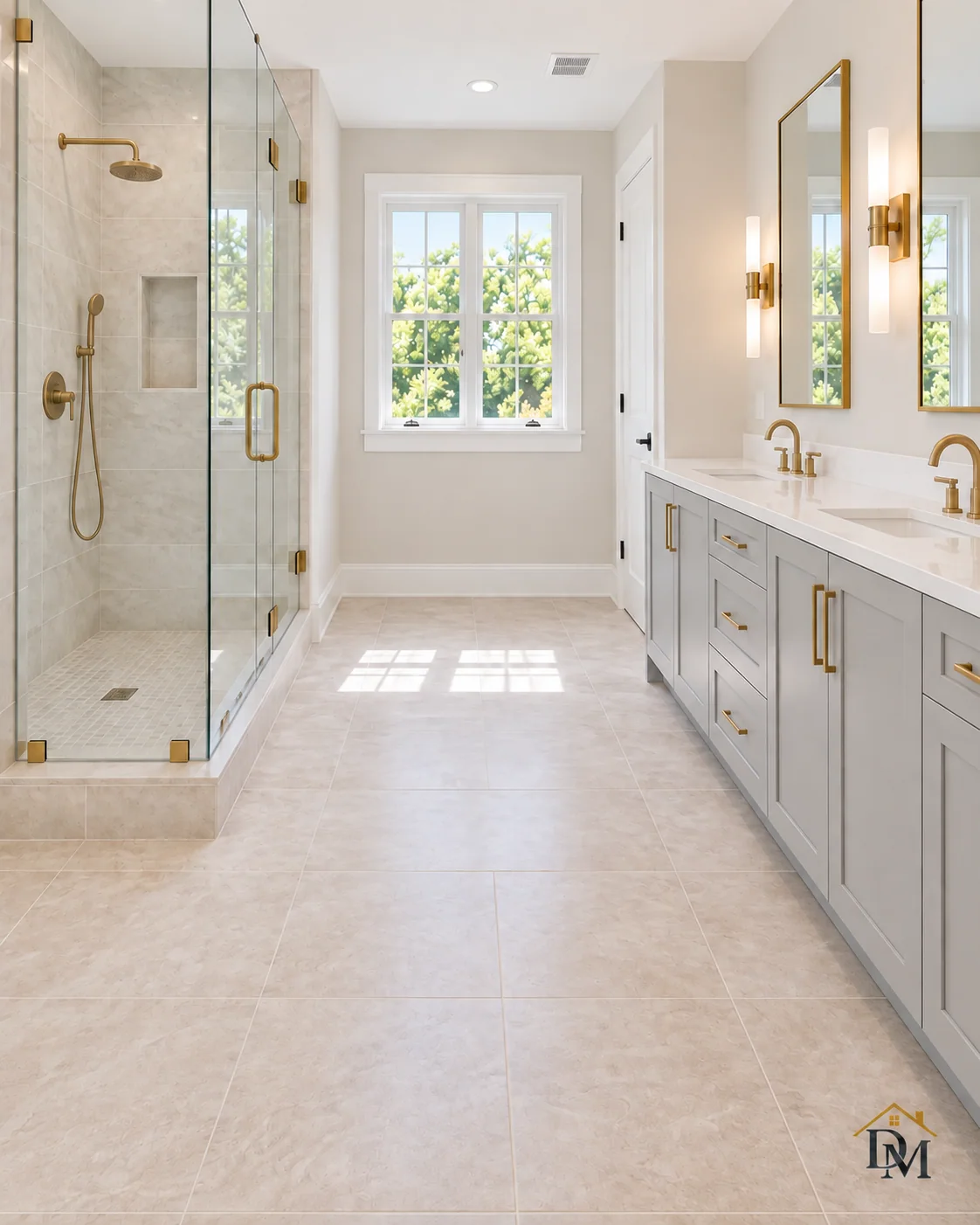 Ready for move-in: pale tile clear from the shower to the gray vanity.
