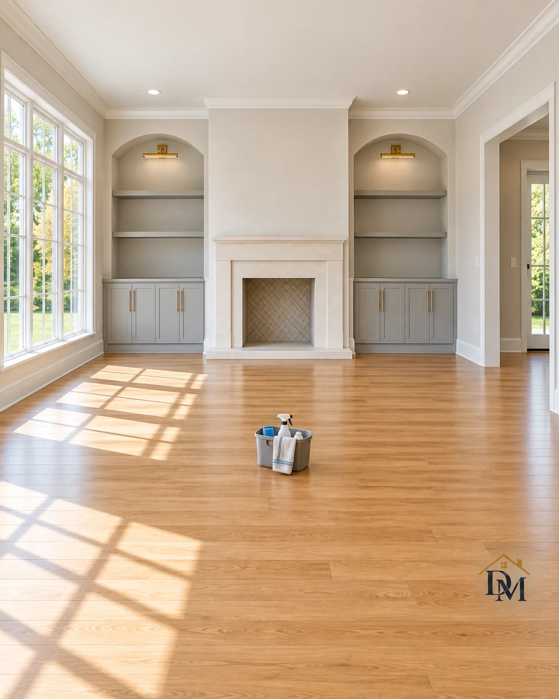 Before move-in: a gray supply caddy sitting mid-floor facing the cream fireplace.
