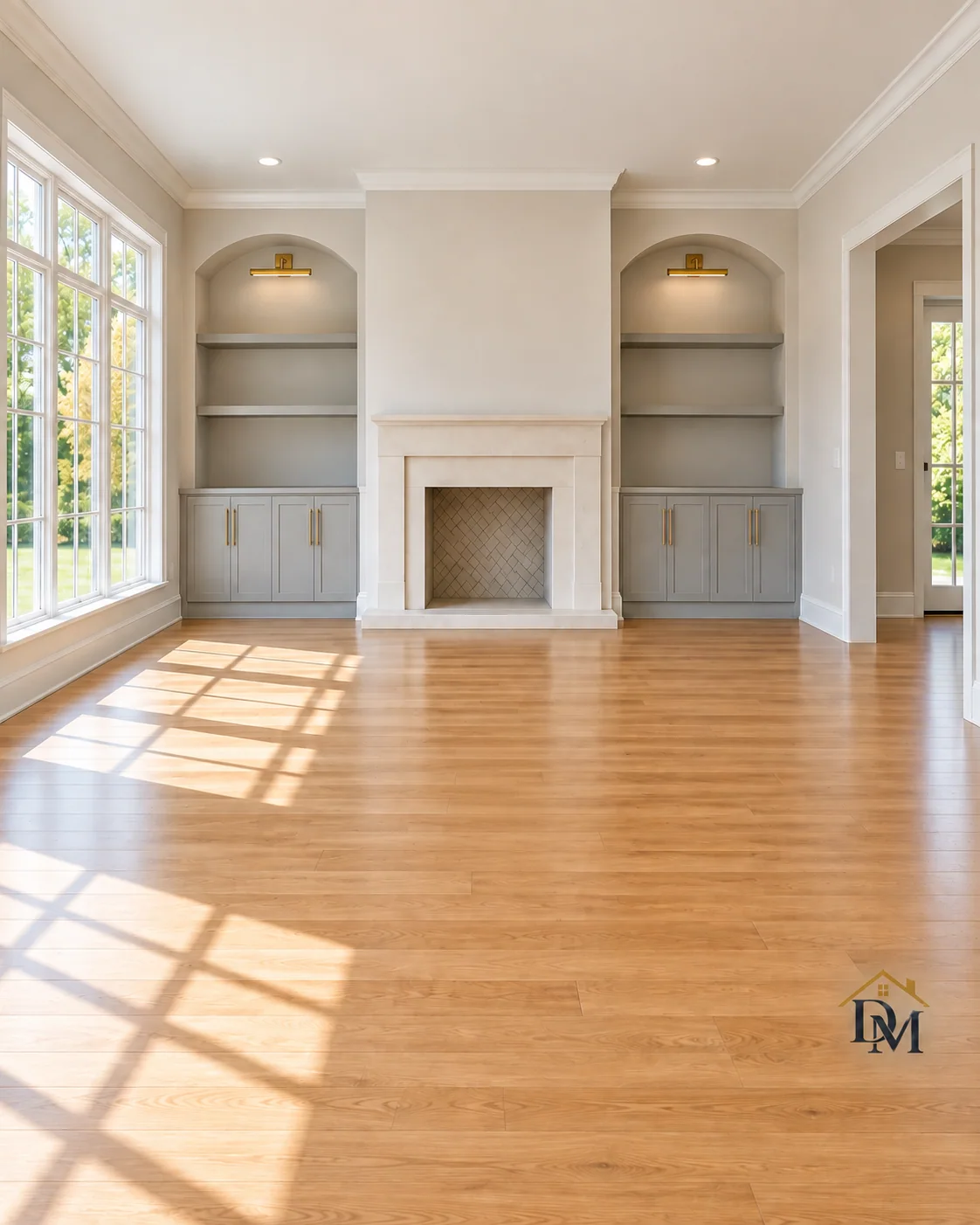 Ready for move-in: caddy gone and the oak floor bare between the arched niches.