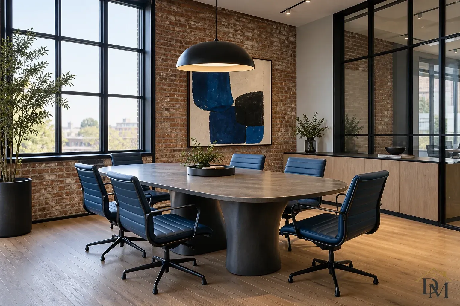 Oval gray conference table with blue rolling chairs beneath a black dome pendant, beside exposed brick, tall windows and a glass partition.