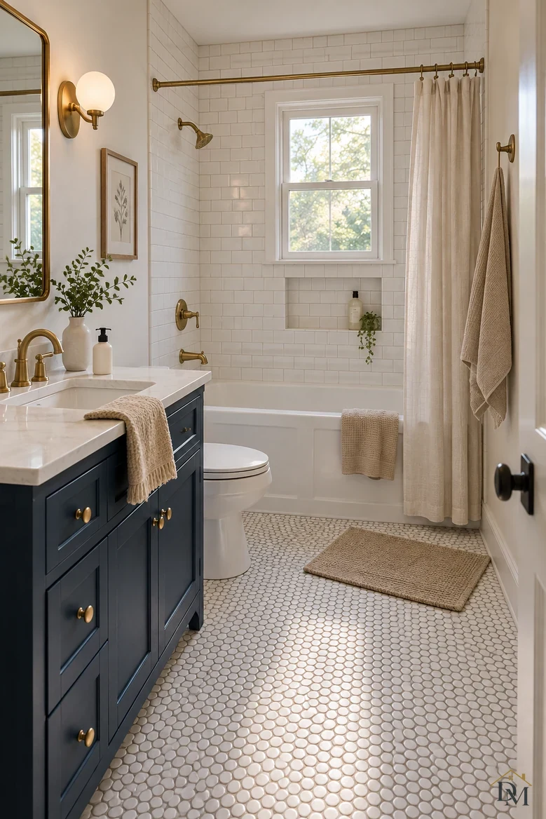 Before: a towel hanging off the navy vanity counter and the bath mat pushed aside.