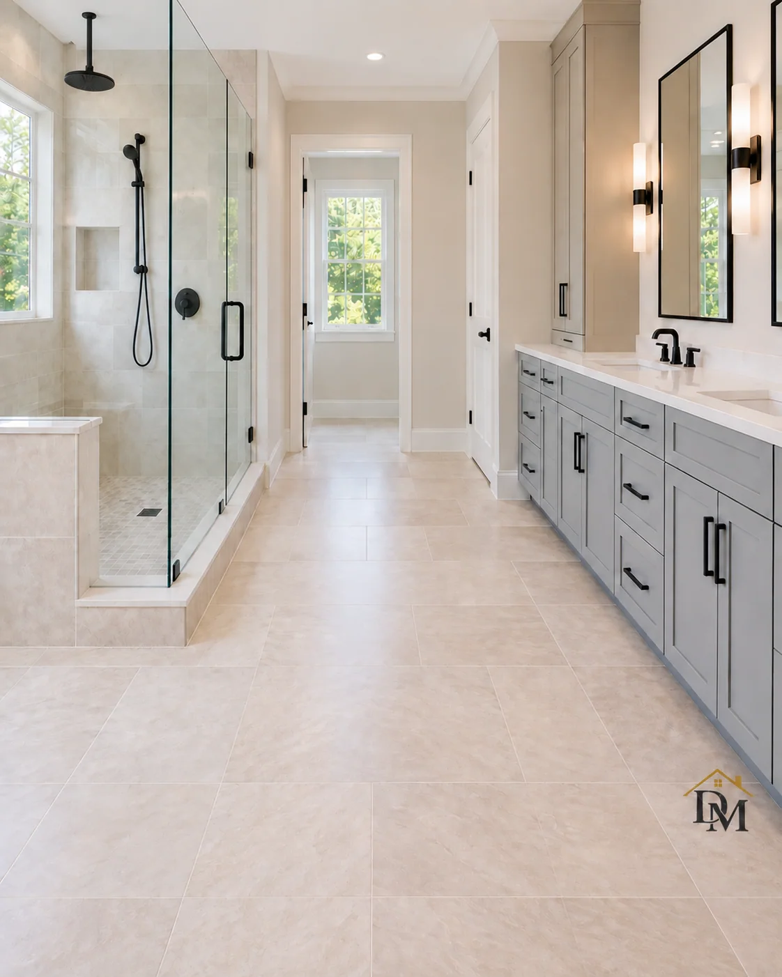 Ready for move-in: the tile between shower and vanity is bare.
